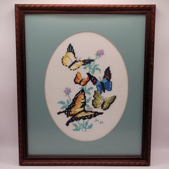 Vintage Butterflies Crewel Cross Stitch Framed Textile Art 12x10